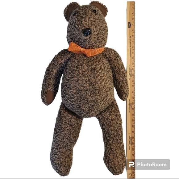 Vintage Handmade Teddy Bear | 30" Tall Curly Heather Brown Plush with Bow - Picture 10 of 11